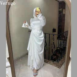 Verngo White Satin Wedding Dresses O Neck Full Sleeves Mermaid Bride Gowns Mulism Formal Modest Bridal Dress Customized