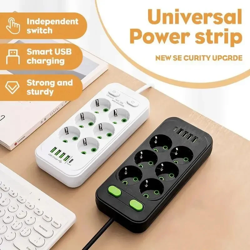 2M Electrical Socket EU Plug 6AC Outlet Multitap Power Strip Extension Cord Smart USB Home Office Surge Protector Network Filter