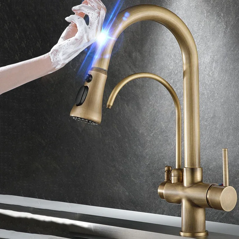 Antique Touch Filter Kitchen Mixer Tap Hot Cold Pull Out Kitchen Mixer Faucet 3 Ways Brass Smart Sensor Touch Kitchen Faucets