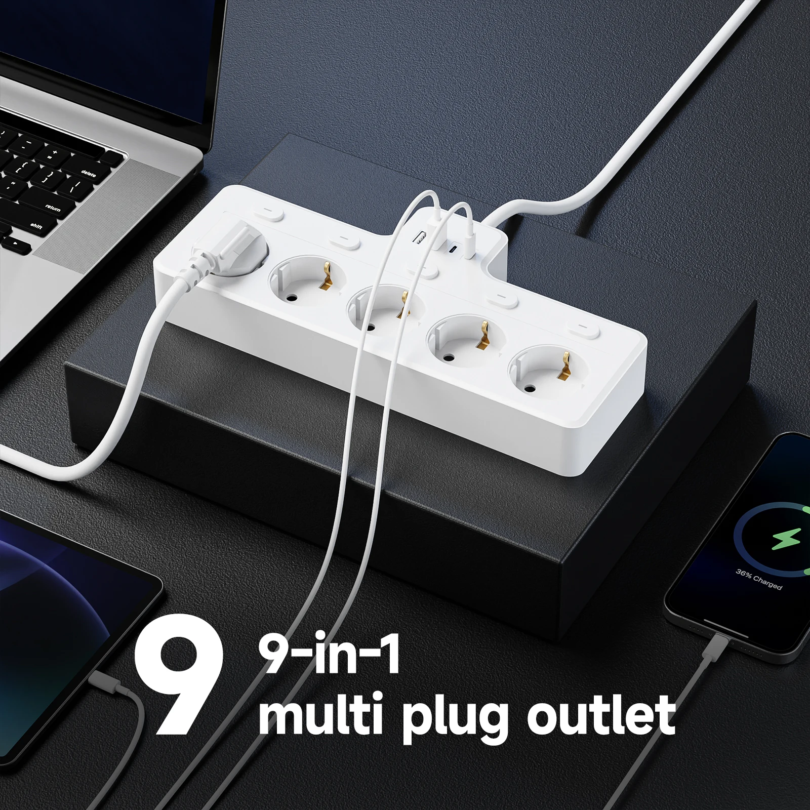 5-Outlet Socket with 2 USB And 2 Type-C Ports 1.5m Cord Length Flame Retardant V0 Plastic for Desktop Computer Power Strip