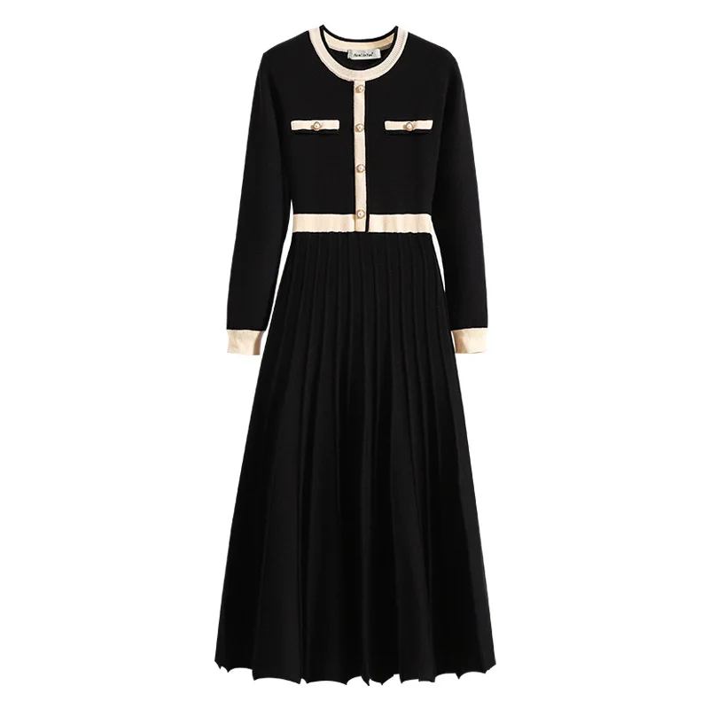 Outono cor contrastante vestido de malha para mulheres moda francesa elegante senhora em torno do pescoço manga comprida camisola vestidos plissados