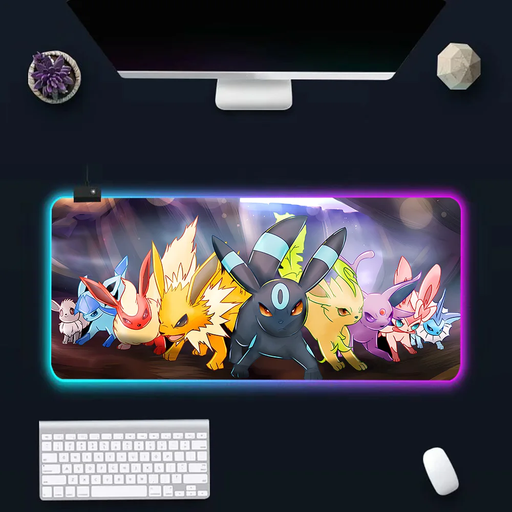 p-Pokemon E-Eevee RGB Pc Gamer Keyboard Mouse Pad Mousepad LED Glowing Mouse Mats Rubber Gaming Computer Mausepad