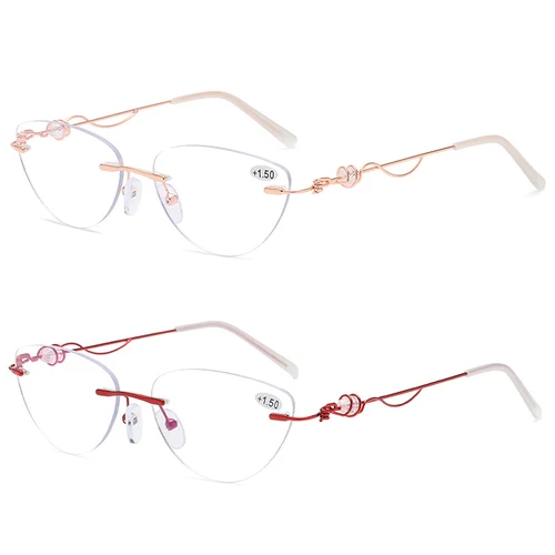 Gafas de lectura ultraligeras sin montura para mujer, anteojos antiazules de Cateye 1,50, lupa para presbicia, lector sin tornillo