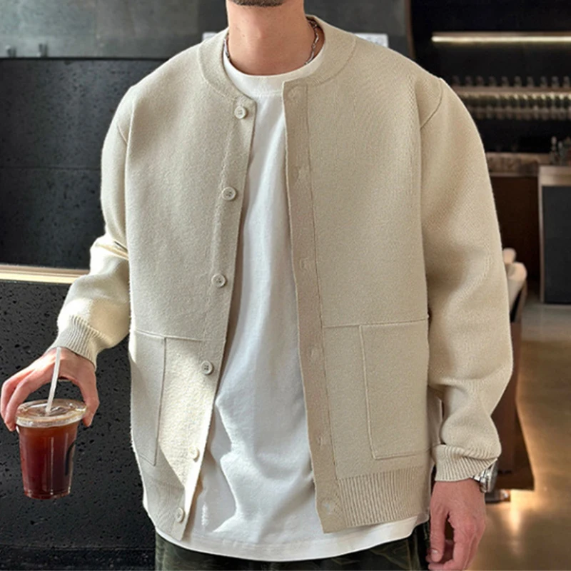 Trendy Men's Solid Color Sweatercoats Autumn Outdoor Fashion Button-up O Neck Cardigans Men Knitting Long Sleeve Sweater Jacket
