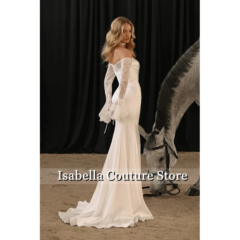 Customized Vintage-Inspired Off-Shoulder Lace Sleeve Bridal Dress Satin Ruched Mermaid Wedding Gown for Elegant Brides