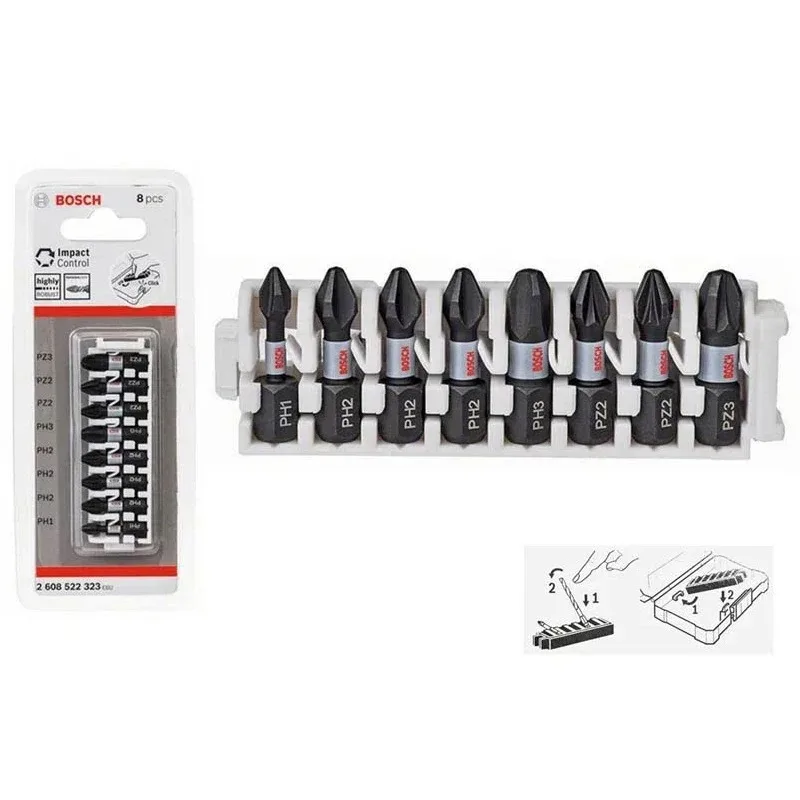 BOSCH 2608522323 PH1 PH2 PH3 PZ2 PZ3 Juego de puntas de destornillador de 25 mm Juego de 8 piezas Juego de cabezales de destornillador cruzado Accesorios de herramientas eléctricas