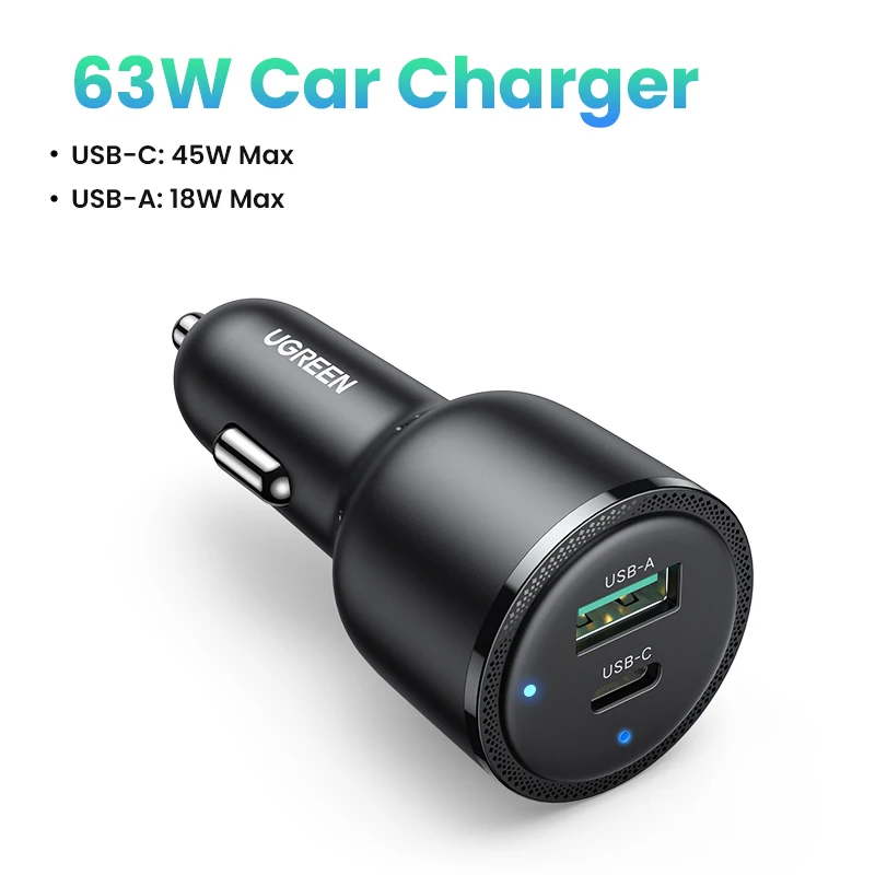 В UGREEN 63 Вт Автомобильное зарядное устройство PD QC 3.0 PPS 45 Вт USB Type C Быстрая зарядка для iPhone 17 16 Зарядное устройство для мобильного телефона Samsung Xiaomi — фото товара
