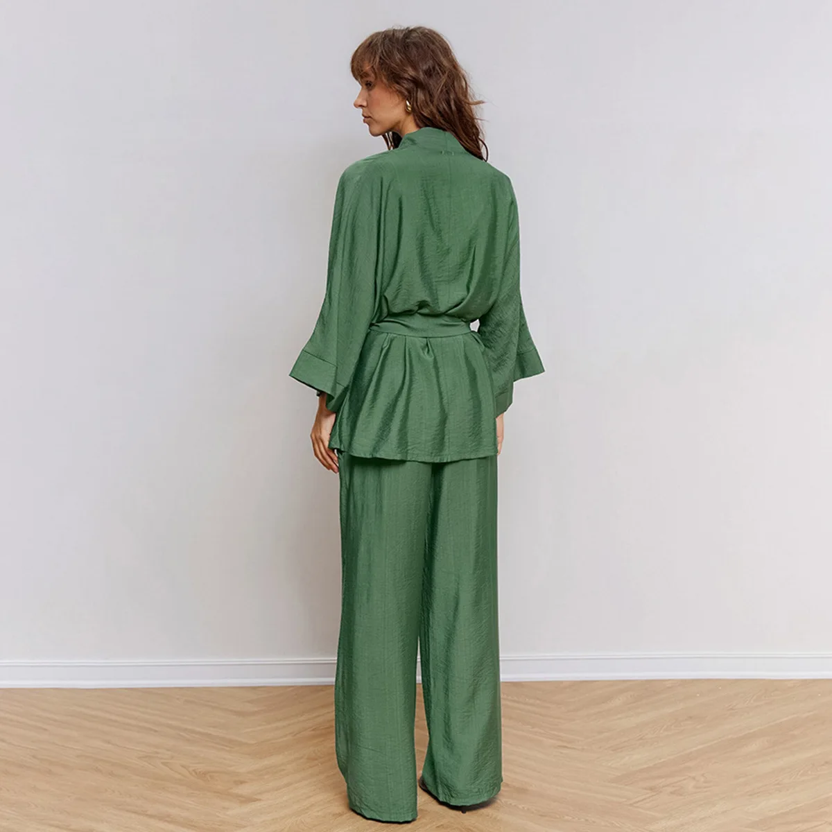 Green 2 Piece Set Women Pajama V-neck Long Sleeve Lace Up Cardigans Elastic Waist Loose Trousers Soft Comfort Homewear Suit