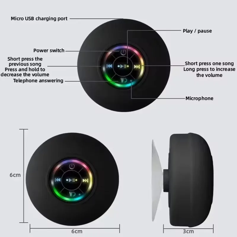 HOMini-Haut-parleur Bluetooth étanche avec grande ventouse et version légère, haut-parleur LED coloré, cadeau