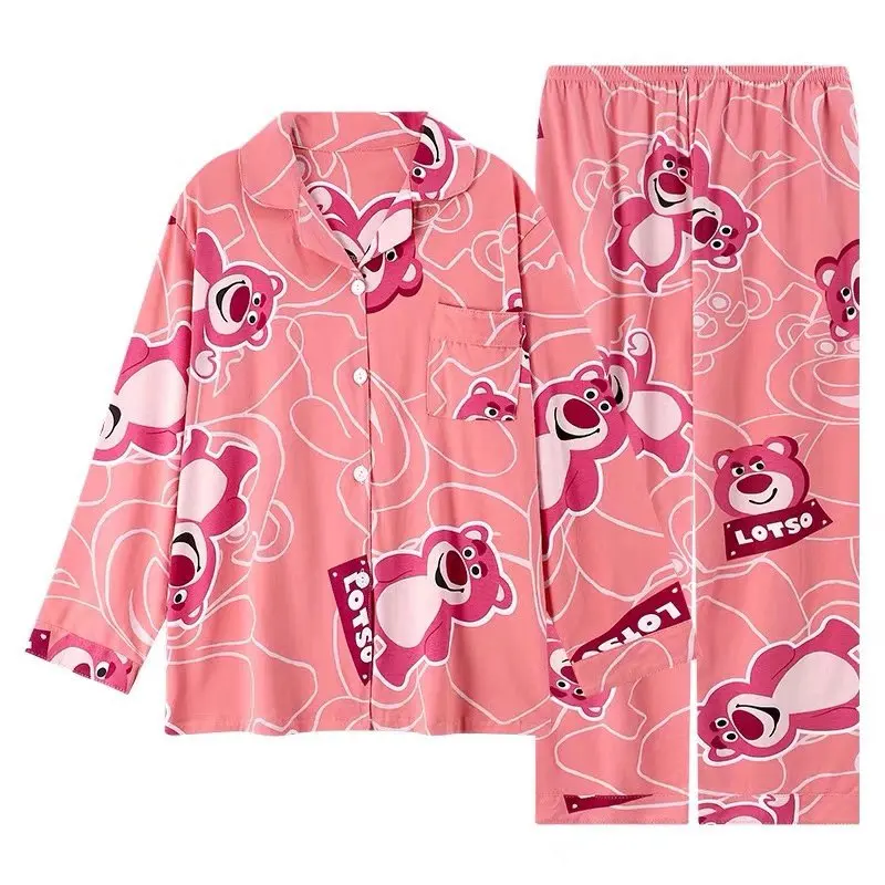 Disney cartoon strawberry bear print spring autumn pajamas cartoon Women long-sleeved trousers cardigan cute home clothes suit