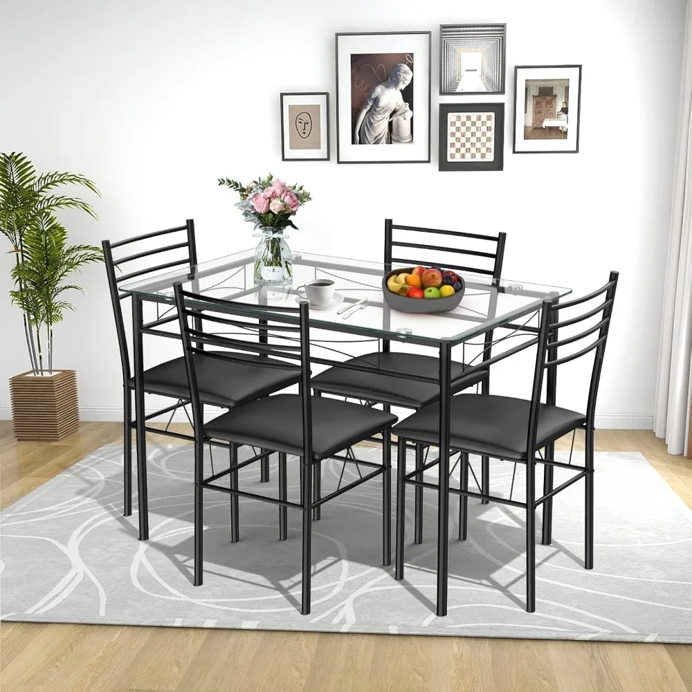 5Pieces Dining Set 4 Person Home Kitchen Glass Top Table and Chairs Breakfast Furniture,43.5 X 27.5 X 30 Inches,Dining Room Sets