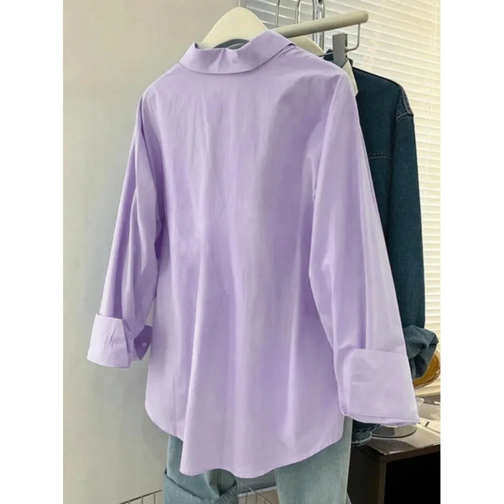 เสื้อเชิ้ตแขนยาวลำลองสำหรับผู้หญิงไซส์ใหญ่ 1XL-5XL ดีไซน์เรียบหรูทันสมัย สีพื้น เนื้อผ้าพอดีตัว หนาปานกลาง