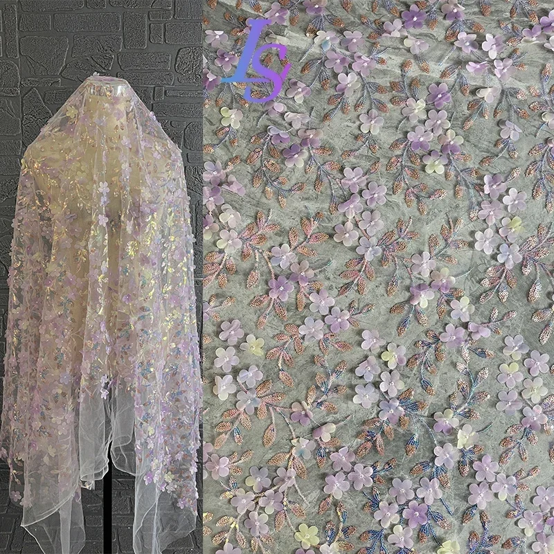 

Purple Mesh Fabric Embroidered Sequin Curtain Wedding Background Decoration Clothing Designer Cloth Diy Apparel Sewing Meters