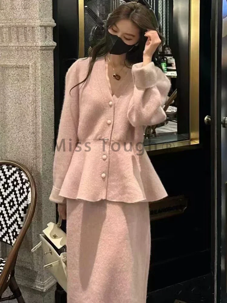 2023 Winter Pink Elegant Knitted Two Piece Set Women V Neck Vintage Sweater Midi Skirt Suit Female Korean Fashion Casual Clothes