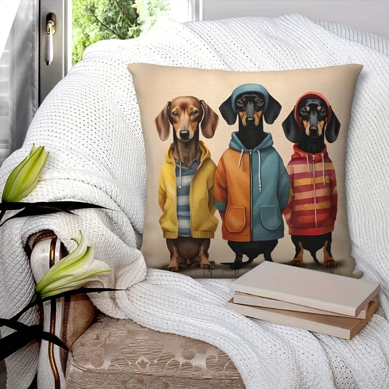 1pc Cartoon Dog Print Cushion Cover Beige Animal Pattern Pillowcase For Sofa Bed Home Decor Soft Breathable Square Case