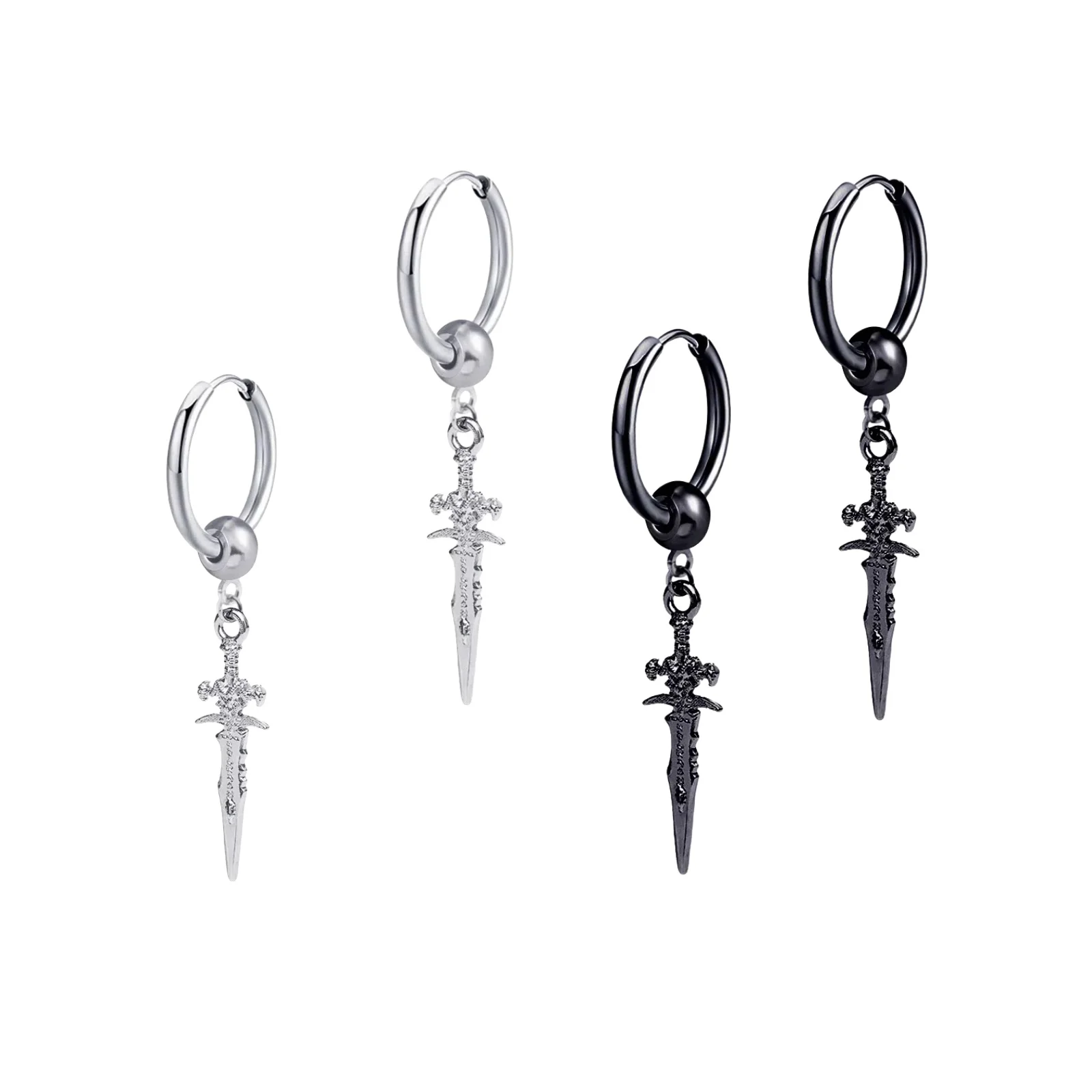 Pendientes colgantes de espada gótica, aros para las orejas Punk negros de acero quirúrgico con anillos largos de acero inoxidable Grunge Hip Hop