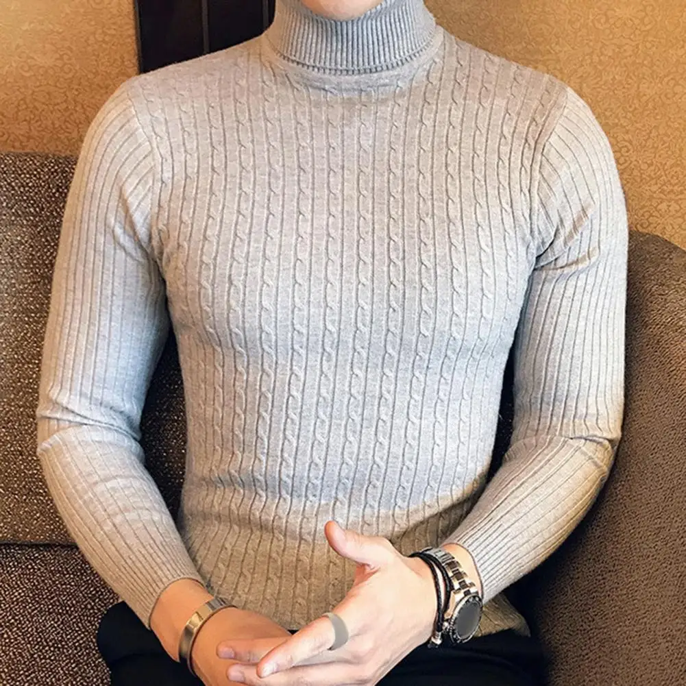 High Collar Sweater Men's High Collar Slim Fit Knitted Sweater Stylish Winter Pullover for Sport Wear Solid Color Elastic