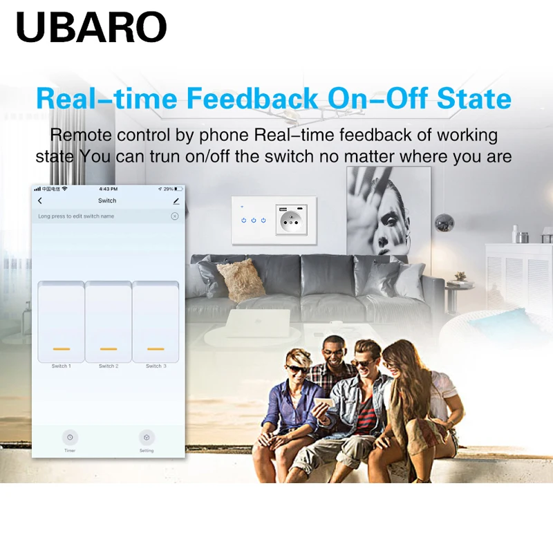 146*86mm FR Smart Home Tuya Wifi Switch Socket Glass Panel Inteligente Sensor Button Work With Google Home Alexa Alice Voice