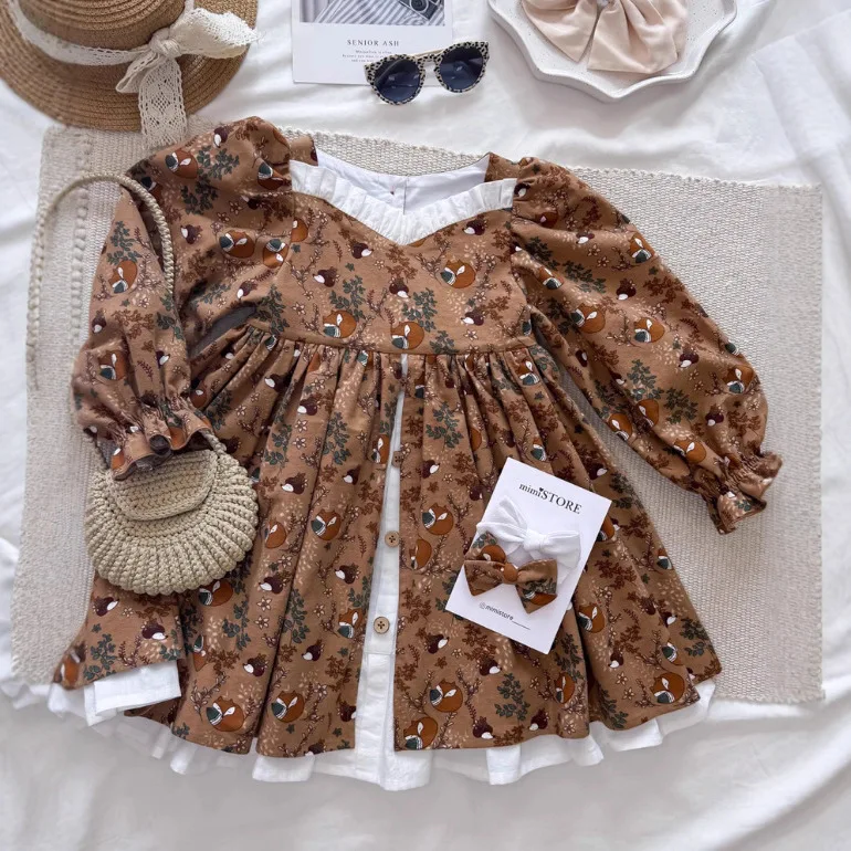 Girls Skirt 2025 Spring and Autumn New Childrens Clothing Girls Baby Fashion Cotton French Bubble Sleeve Fake Two Princess Dress