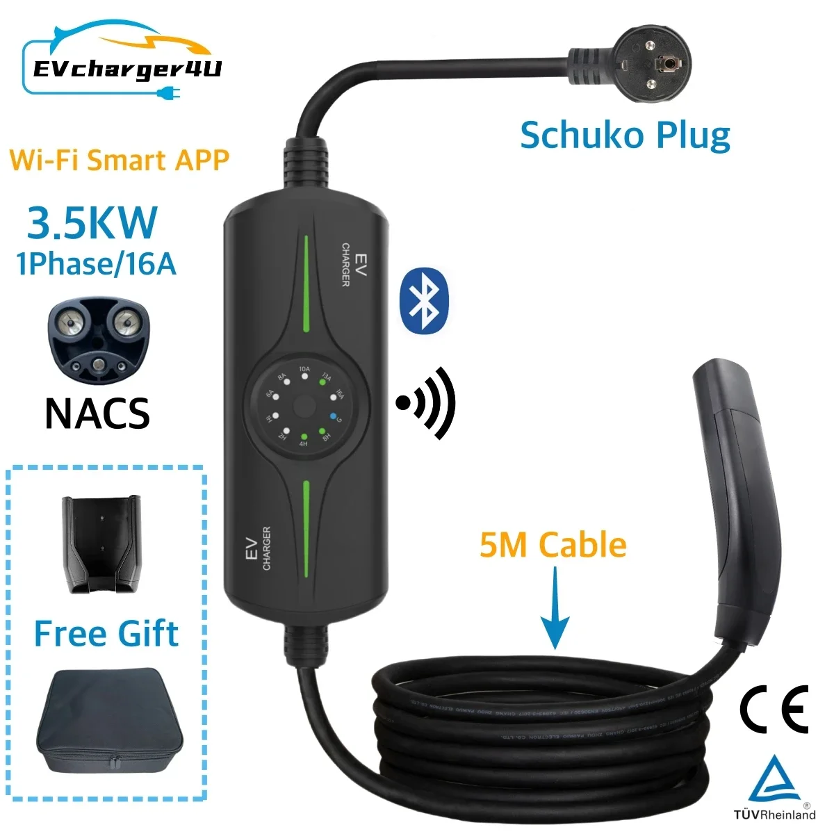 EVCharger4U-Chargeur EV portable Schuko 16A NACS, 1phase, 3,5 kW, câble EVSE 5m/8m, pour les placements, modèle X/Y/3/S, avec commande