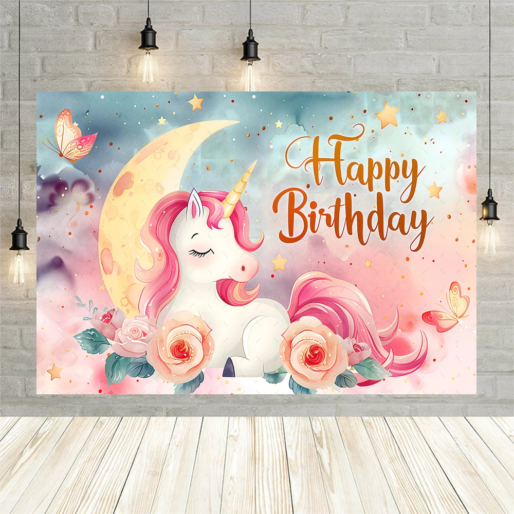 Cartoon Rainbow Unicorn Glitter Flower Girls Birthday Party Banner Backdrop Custom Baby Room Photography Poster Decor Background