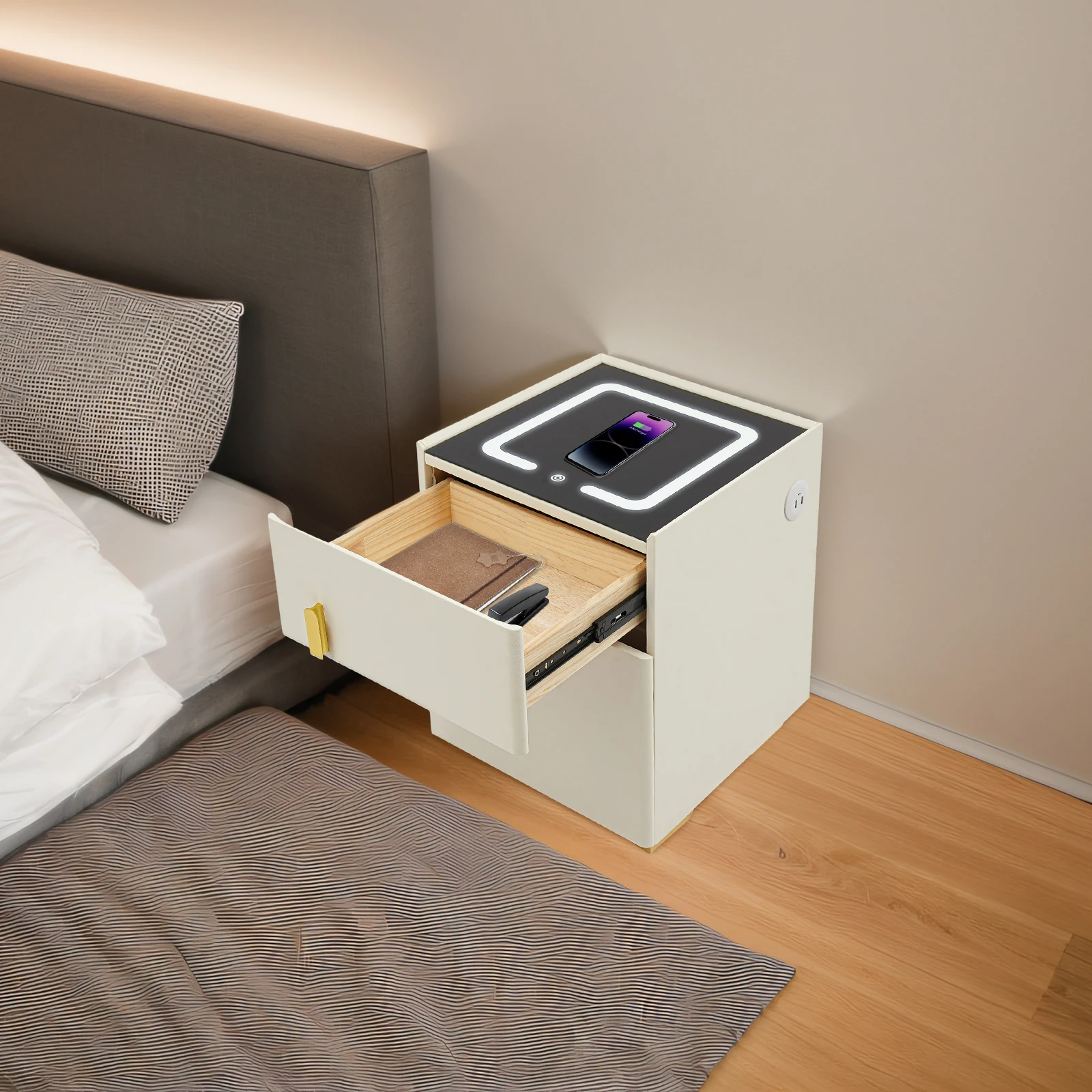 Phone Charging Bedside Cabinet Smart Table with Bluetooth Speaker Safe Combination Lock Wireless Charging for Bedroom