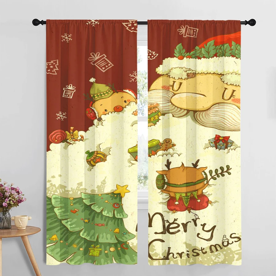 2PCS Digital Print Curtains, Cartoon Santa Claus Reindeer Gifts Merry Christmas Red Background, Cute Children Illustration Style