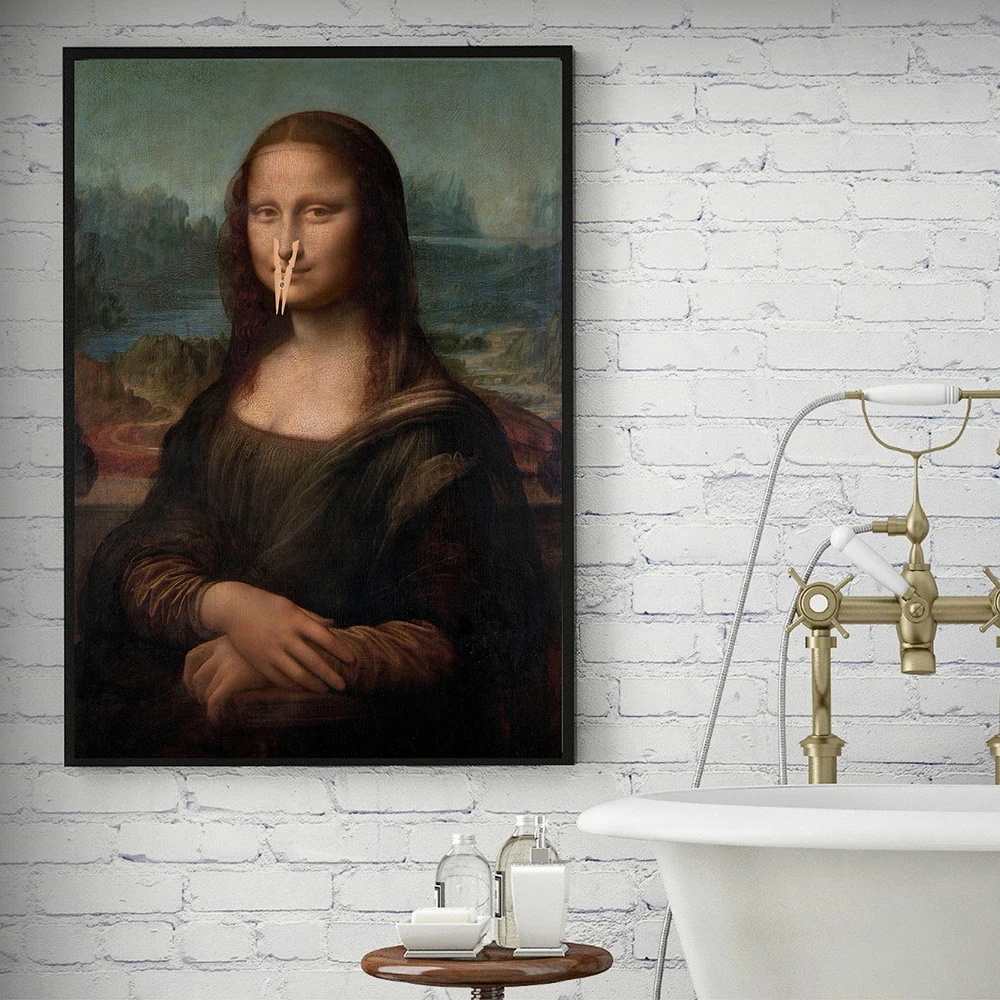 Altered Famous Painting Funny Bathroom Wall Art Vintage Canvas Poster Print Clamp Mona Lisa Picture Toilet Home Decor Cuadros