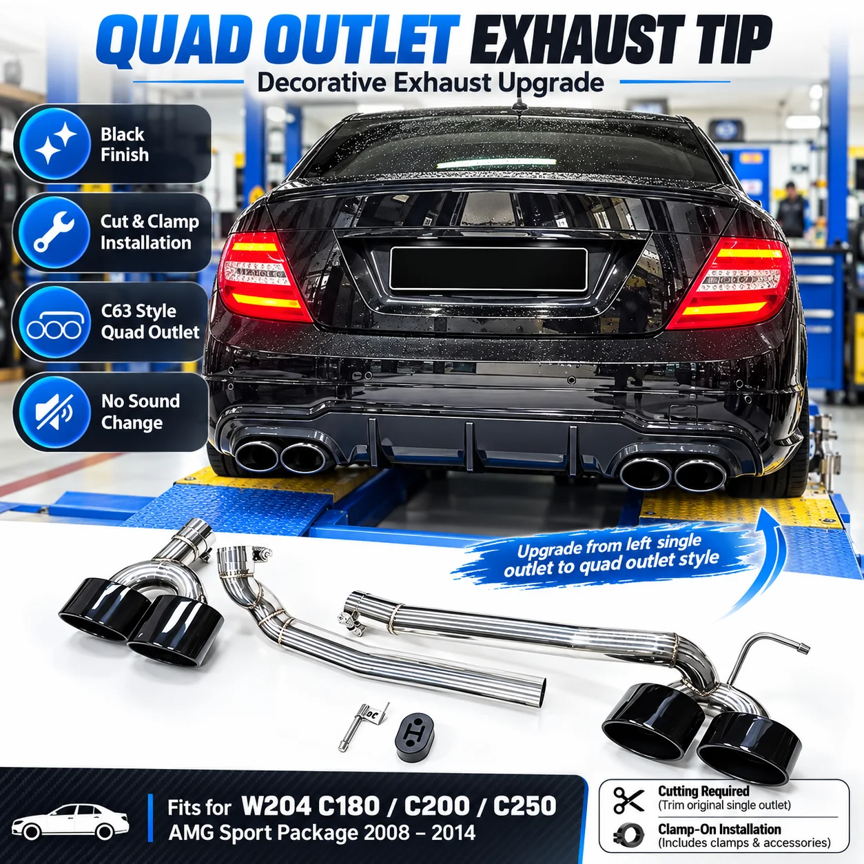 C63 Style Quad Exhaust Tips for Mercedes W204 C180 C200 C250 (2008-2014)  Stainless Steel Tailpipe Upgrade For AMG Sport Bumper