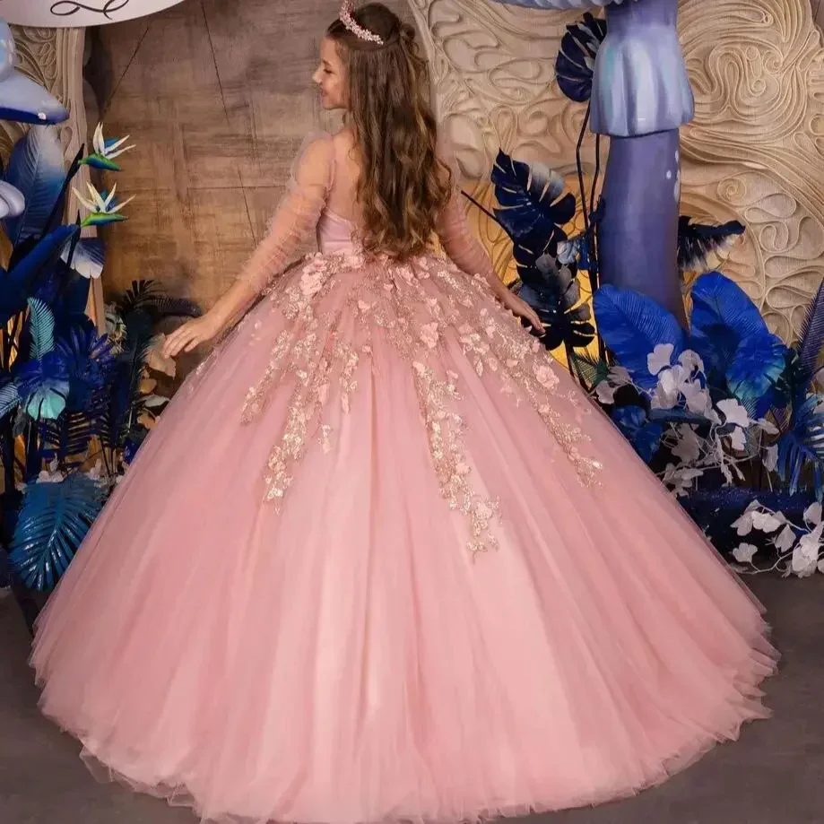 فساتين فتاة الزهور الوردية الفاخرة لحفلات الزفاف مزينة بالزهور ثلاثية الأبعاد للأطفال Quinceanera أول مناولة فستان وصيفة العروس