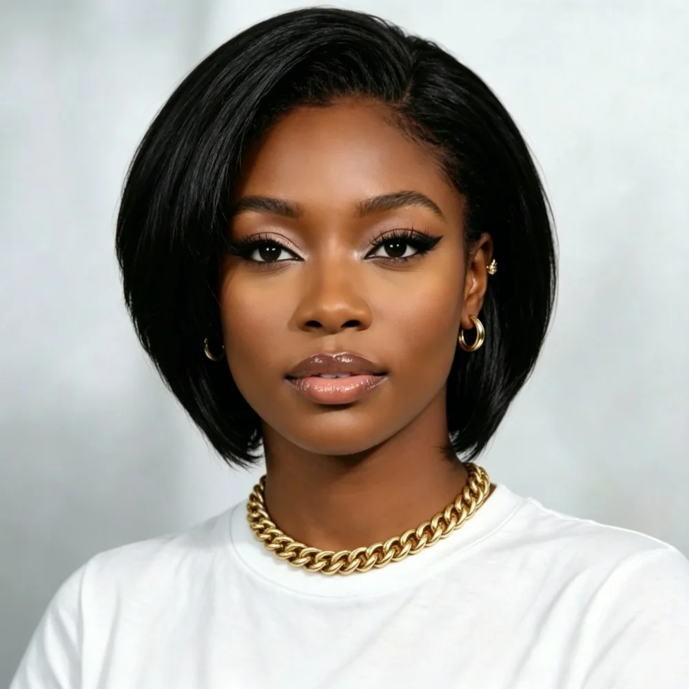 13x4 Lace Front Short Straight Bob Human Hair Wig180% Density Side Part Sleek Wigs For Women