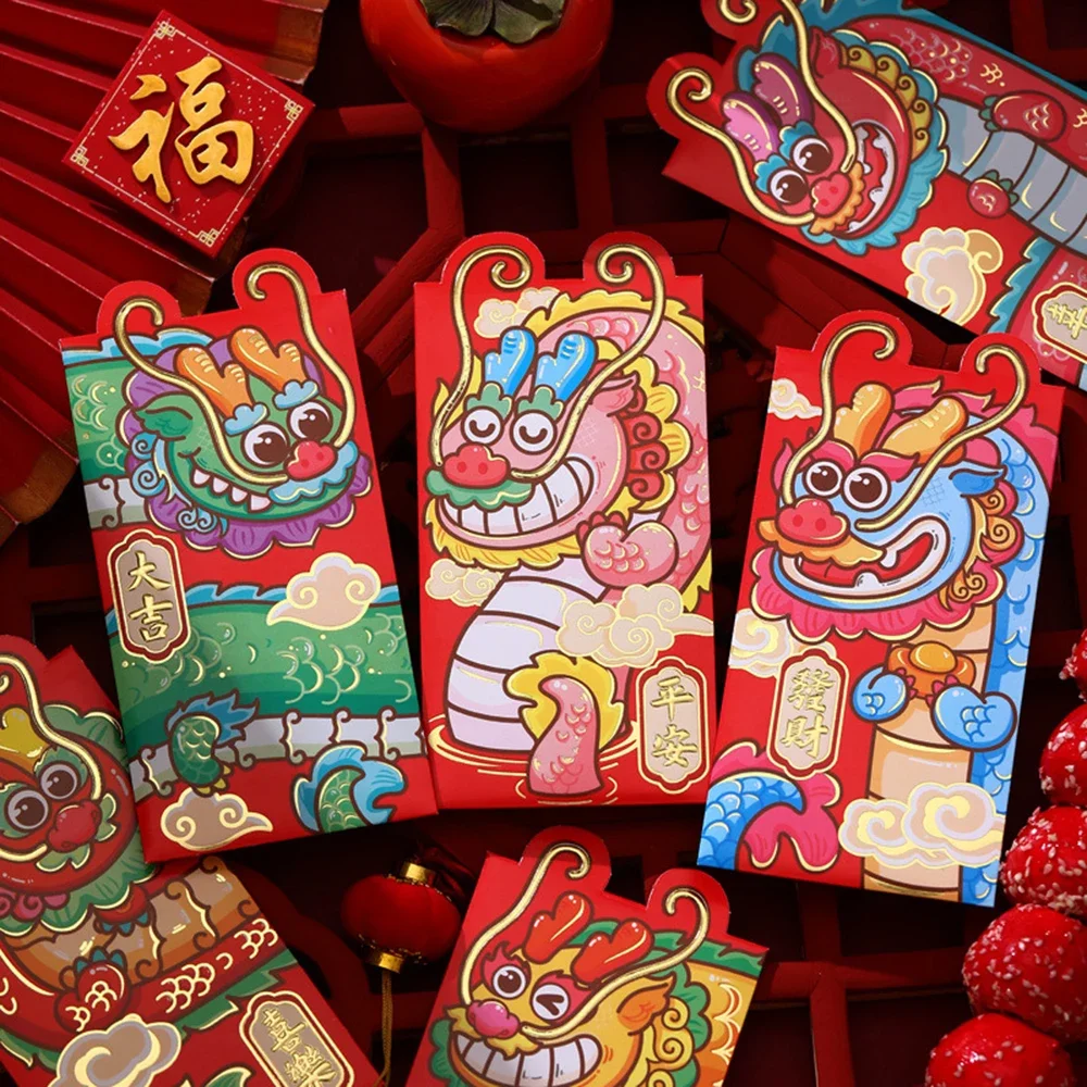 Lot d'Enveloppes Rouges Tridimensionnelles à Motif de Dragon Chinois, Sac Porte-Bonheur pour Nouvel An, 6 Pièces, 2024