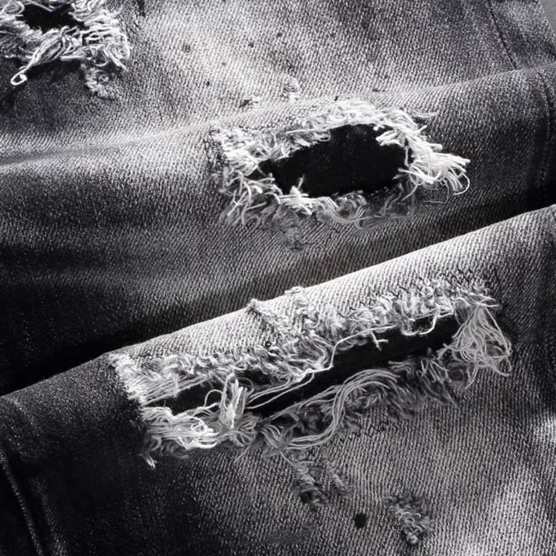 Street Fashion Men Jeans Retro Black Gray Elastic Stretch Slim Fit Ripped Jeans Men Patched Designer Hip Hop Brand Pants Hombre