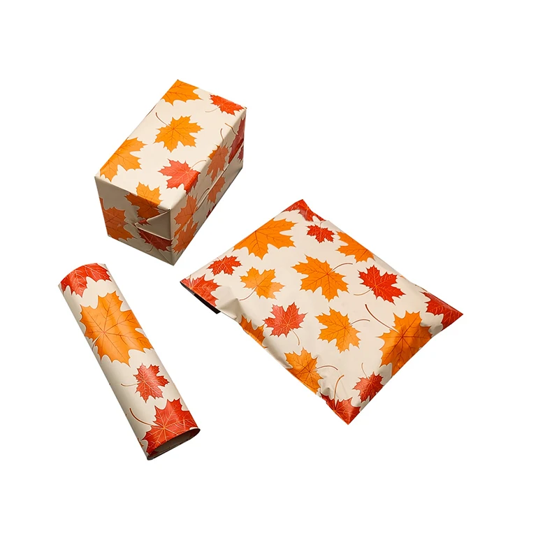 Bolsa de plástico naranja con estampado de hojas de Arce, embalaje impermeable, bolsa de mensajería de regalo, 10 piezas, 10x13 pulgadas