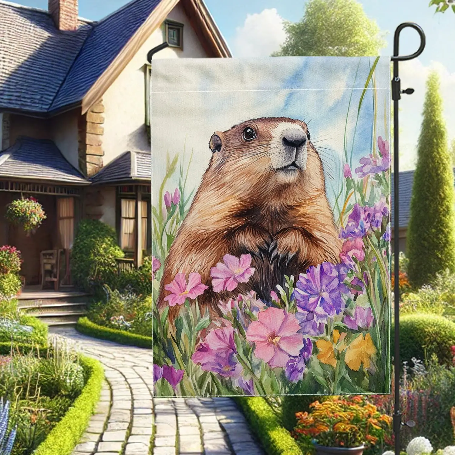 Spring Summer Floral Garden Flag, Colorful Groundhog with Flowers Outdoor Decor, Double Sided Burlap Yard Flag for Home Deco PPZ