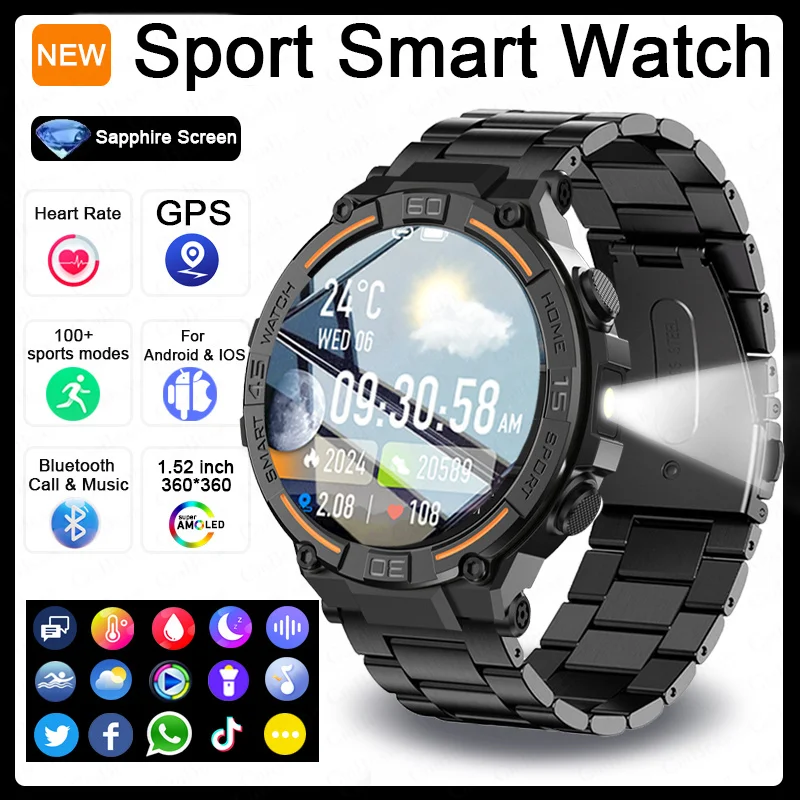 2025 جديد الرياضة العسكرية Smartwatch الرجال مصباح يدوي مراقبة الصحة مقاوم للماء معدل ضربات القلب BT دعوة ساعة ذكية لنظام أندرويد IOS