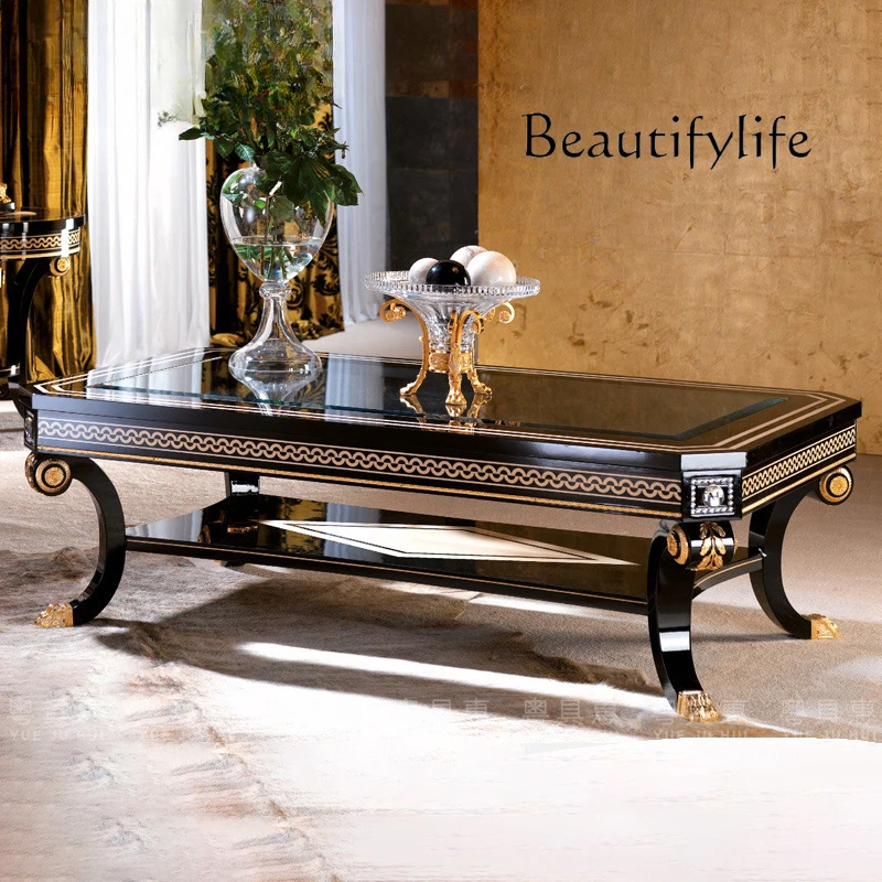 

European neoclassical living room furniture black piano lacquered wood carving flower coffee table large rectangular