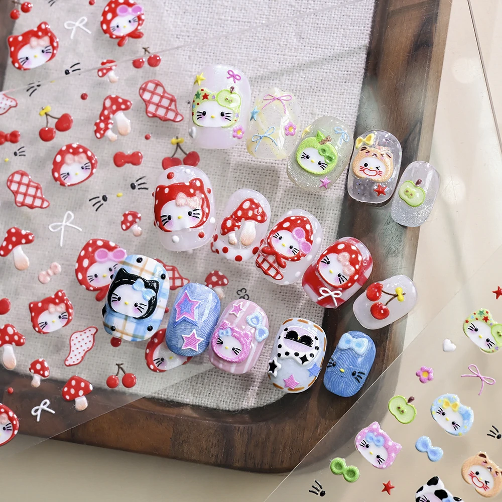 5D Cute Green Apple Hat Hello Kitty Nail Sticker Fruits Hooded KT Kitten Nail Decals Slider Cartoon DIY Crafts Manicure Decorati