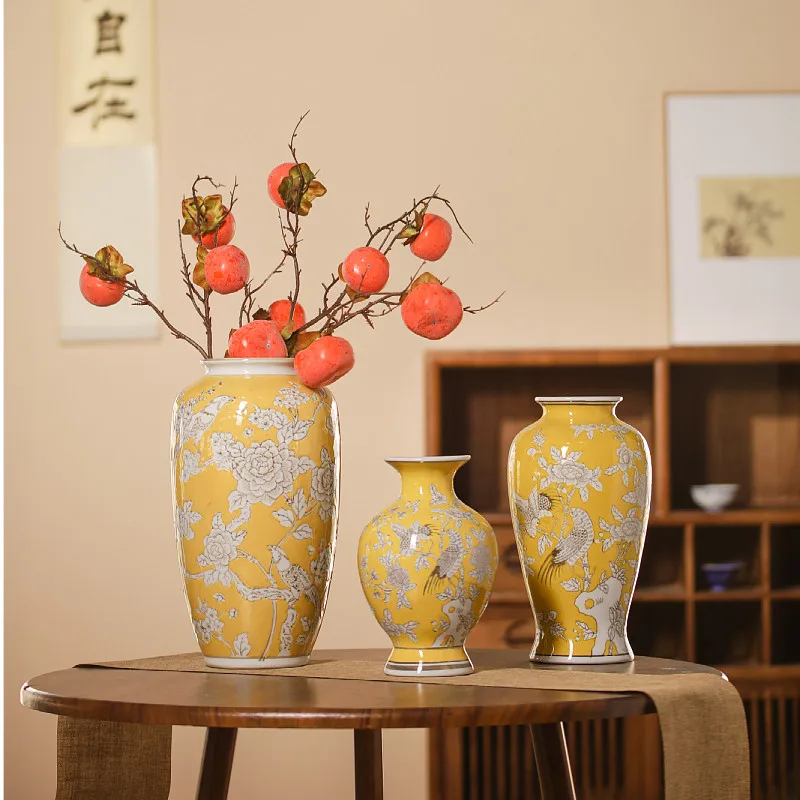 Peony parrot pattern vase ornament flower arrangement light luxury high sense new Chinese hydroponics entrance