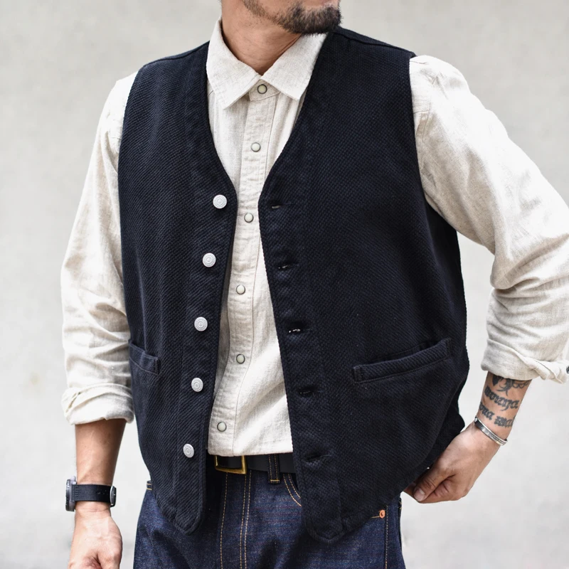 Sauce Zhan Men's Suit Vest Sashiko Vintage Blazer Vest Thick and Durable Waistcoat Regular Fit