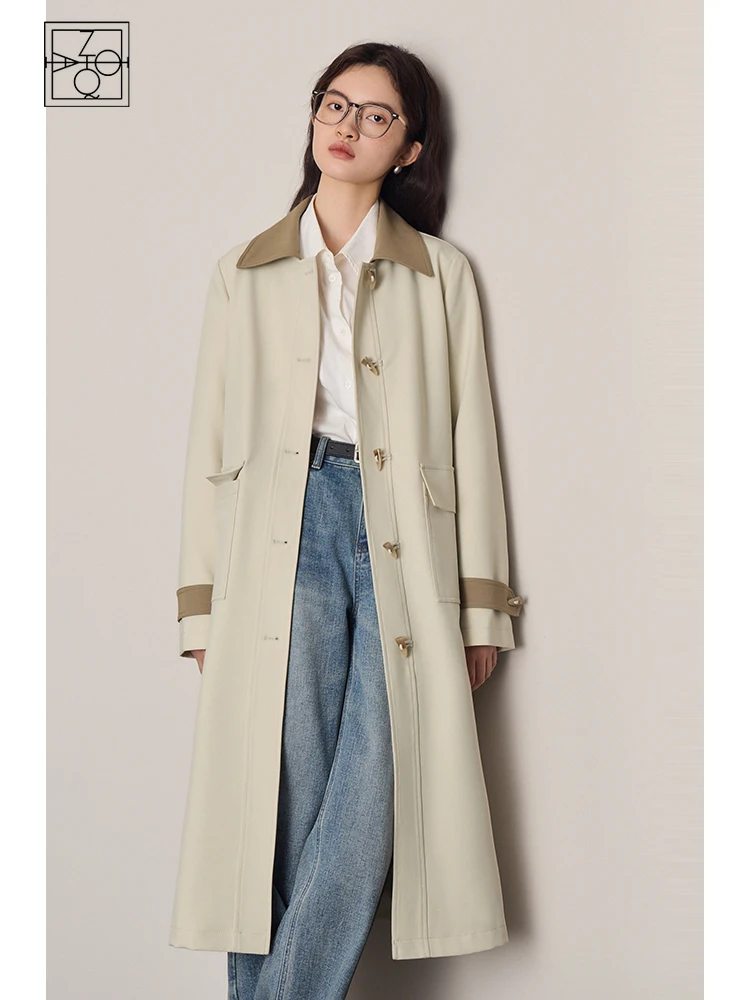 

ZIQIAO British Style Color Contrast Horn Buckle Long Trench Coat for Women Autumn Newly High-quality Windbreakers Coat Female