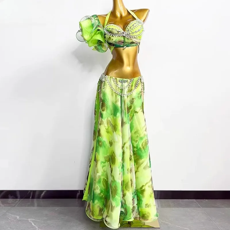 customized belly dance performance costume women oriental print chiffon pearl flower hot stamping bra double slit long skirt set