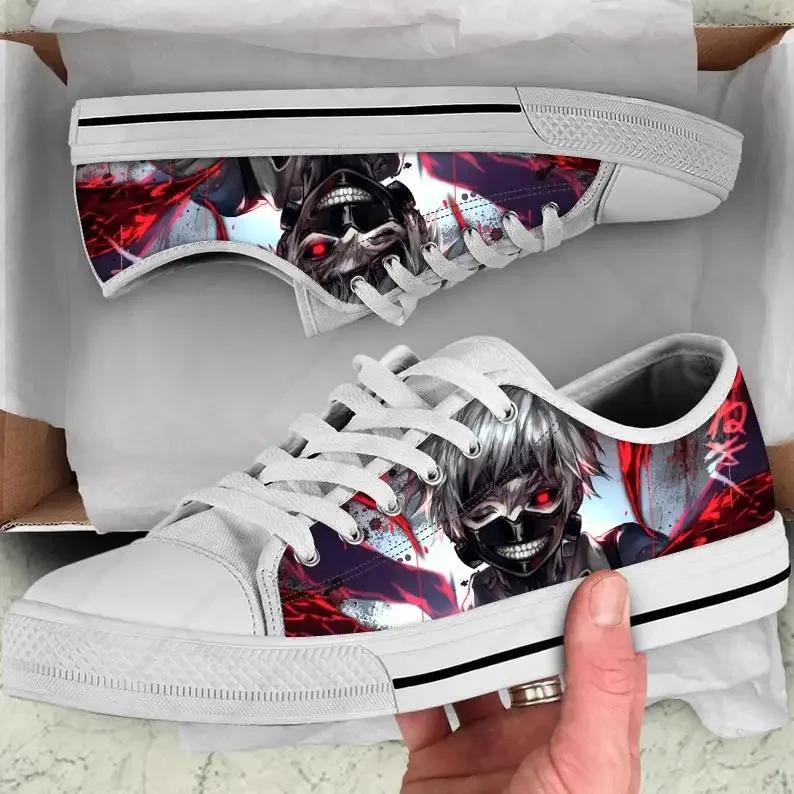 Sapatilhas de lona padrão Tokyo Ghoul masculinas, sapatos de cordões respiráveis, anime clássico estilo baixo, moda casual, S, Japão