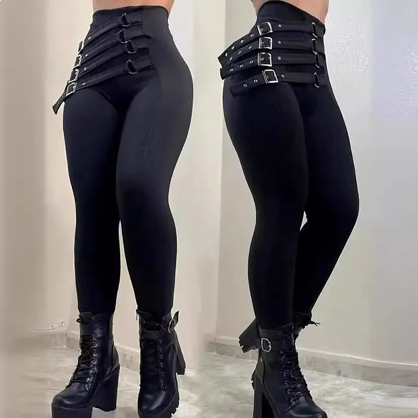 High Waist Buckle Slim Pants Women Tights Pencil Pants Leggings Jumpsuit Spring Summer