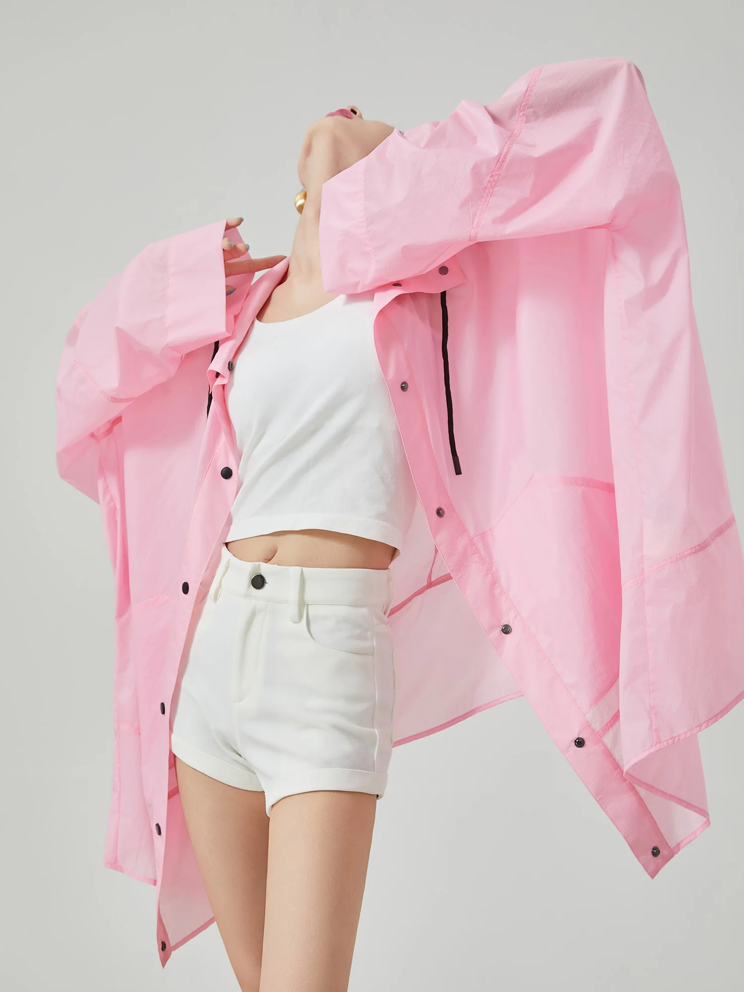 

Простая розовая куртка с капюшоном на пуговицах, с длинными рукавами, летняя новинка 2026 года, модное свободное пальто миди, женская повседневная верхняя одежда