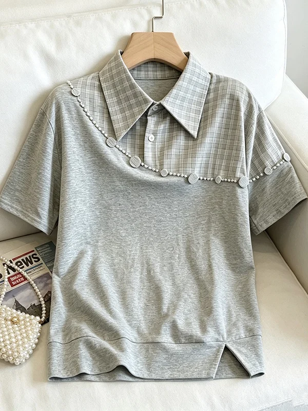 

plus Size Women's Fashion Slimming Shoulder Bared Short Sleeve Patchwork Simple Style Summer New Arrival Shirt Design T-shirt