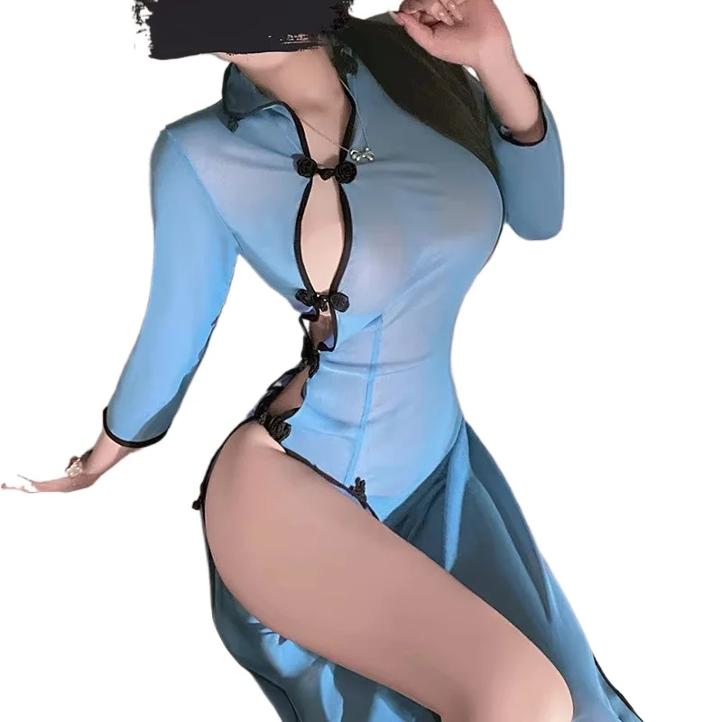 

Sexy Mesh Cheongsam Lingerie Dress Women Chemise Sleepwear Set Chinese Style Lace perspective Qipao Erotic Temptation Uniform
