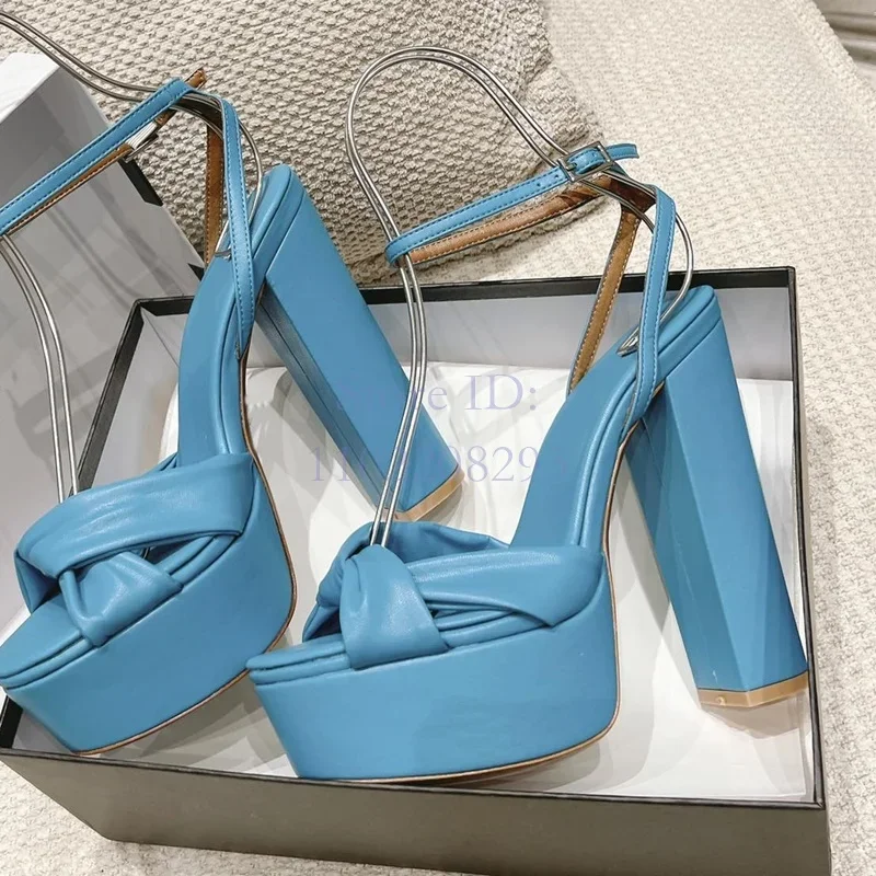 

Blue Butterfly-knot Platform Sandals Solid Round Toe Buckle Ankle Strap Chunky Heeled Concise Women Elegant Dress Shoes 2024