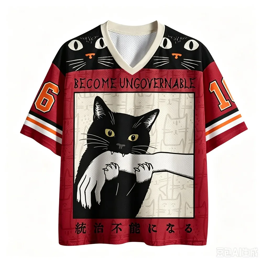 Erwachsenen- und Kinder-Version des 3D-gedruckten Sport-T-Shirts „Rebellious Black Cat“ mit dem Vintage-Bestseller-Design „Uncontrollable“ und V-Ausschnitt und kurzen Ärmeln – Detail 6