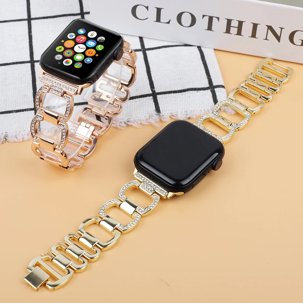 Customized Luxury Diamond Women Strap for Watch Band 41mm 45mm Chains Metal Bracelet 38 42 40 44mm Series 7 6 5 Se 4 3 2 1